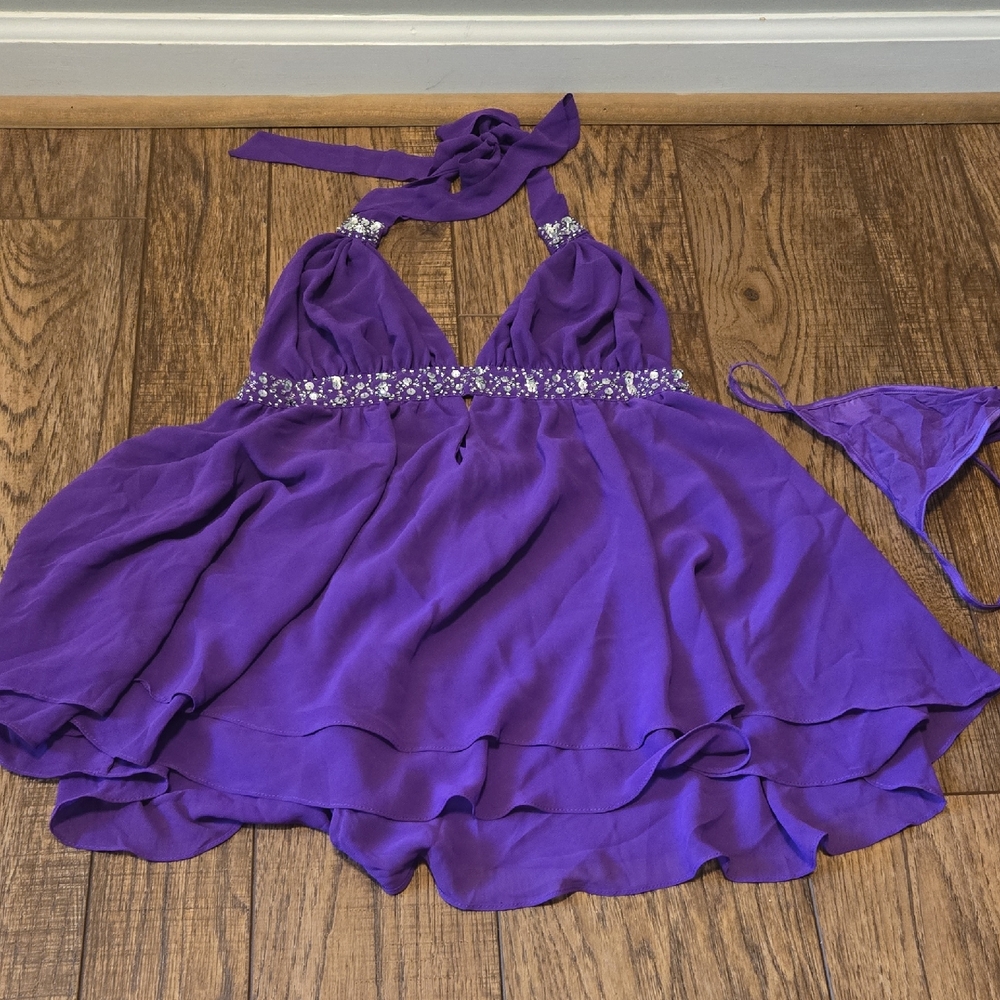 Purple Halter Dress with Embellished Waist
